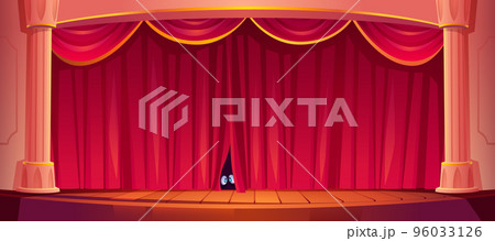 Eyes look out red curtain on theater stage, vector 96033126