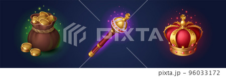 Game golden coins, scepter and crown props icons Game golden coins, scepter and crown props icons 96033172
