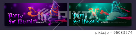 Wizard party banner with magic staff, wand and hat 96033574