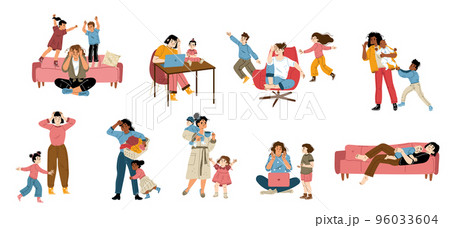 Flat set of tired mothers with children Flat set of tired mothers with children 96033604