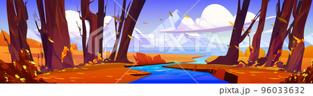 Cartoon landscape stream flow into mountain lake 96033632