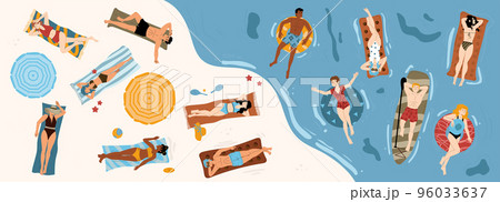 People sunbath on beach top view, float on rings 96033637