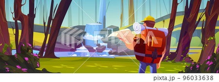 Traveler looking on map at scenery 2d landscape 96033638