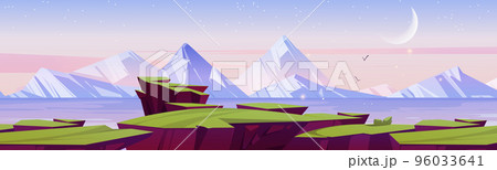 Cartoon nature landscape, morning at mountain lake Cartoon nature landscape, morning at mountain lake 96033641