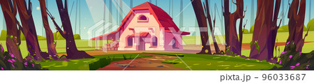 Summer forest scene with farm house on glade 96033687