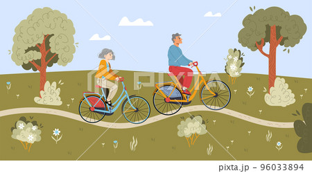 Senior people riding bicycles in summer city park Senior people riding bicycles in summer city park 96033894