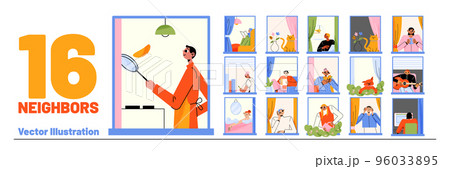 House windows with neighbors read book, study 96033895