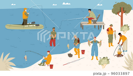 Fishermen with rods catch fish in river 96033897