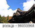 青空の下の神社と紅葉 96033968