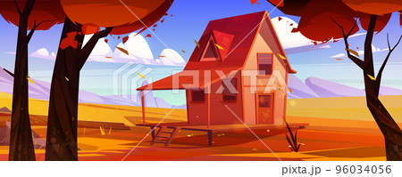 Village house in autumn mountain valley with trees Village house in autumn mountain valley with trees 96034056