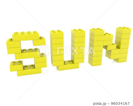 SUN concept of yellow toy bricks on white background 96034167