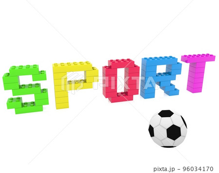 Sport concept of different colored toy bricks with soccer ball in the foreground on a white background Sport concept of different colored toy bricks with soccer ball in the foreground on a white background 96034170