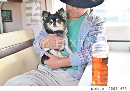 キャンピングカーでチワワとくつろぐ男性 キャンピングカーでチワワとくつろぐ男性 96034476