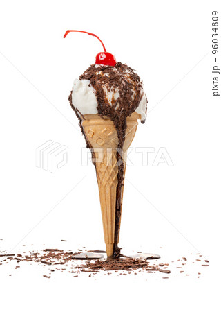 unstable waffle cone with scoop,  of ice cream 96034809