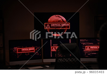 Workplace of IT engineer or software developer with computer monitors Workplace of IT engineer or software developer with computer monitors 96035403