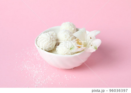 Concept of tasty sweets, coconut candies, close up 96036397