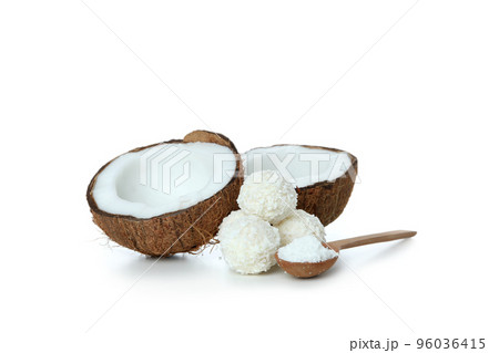 Concept of tasty sweets, coconut candies, isolated on white background 96036415