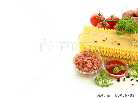 Ingredients for cooking lasagna isolated on white background 96036795