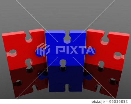 Blue puzzle piece between two red puzzle pieces on white background 96036858