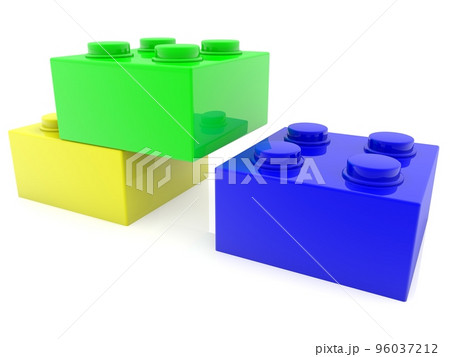 Three different colored toy bricks in unfinished construction on white Three different colored toy bricks in unfinished construction on white 96037212