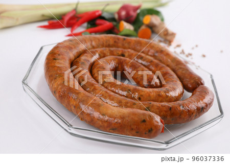 Local Northern Thai food , Northern Thai spicy sausage street food isolated in white background Local Northern Thai food , Northern Thai spicy sausage street food isolated in white background 96037336