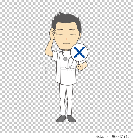 Illustration of a man in a Casey-type white coat holding a cross tag Illustration of a man in a Casey-type white coat holding a cross tag 96037542