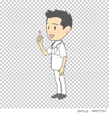 Illustration of a man in a Casey type white coat explaining 96037543