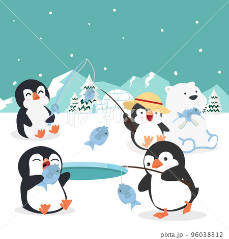Cartoon penguin fisherman caught fish Cartoon penguin fisherman caught fish 96038312