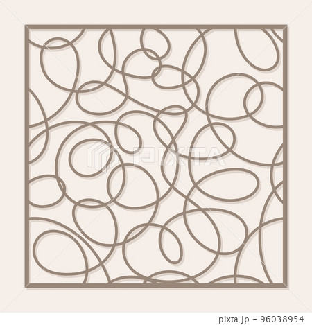 Square panel with pattern of chaotic lines. Abstract geometric ornament from loops, waves, swirls. Template for plotter laser cutting of paper, metal engraving, wood carving, cnc. Vector illustration. 96038954
