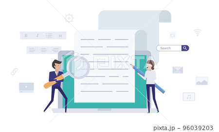 SEOに強い記事を作成するwebライターのイラスト素材 96039203
