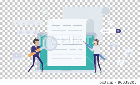 SEOに強い記事を作成するwebライターのイラスト素材 96039203