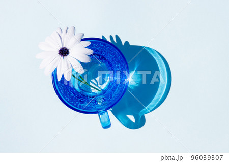 A blue glass of water and flower with sharp strong shadow on blue background 96039307