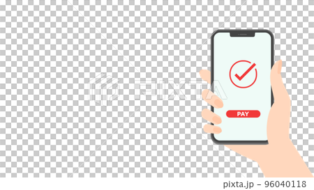 チェックマークとPAYの文字が表示されたスマートフォンを持つ人の手 - スマホ決済・支払いのイメージ チェックマークとPAYの文字が表示されたスマートフォンを持つ人の手 - スマホ決済・支払いのイメージ 96040118