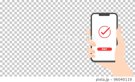 一個人的手拿著帶有復選標記和字符 PAY 的智能手機 — 智能手機支付/支付的圖像 一個人的手拿著帶有復選標記和字符 PAY 的智能手機 — 智能手機支付/支付的圖像 96040119
