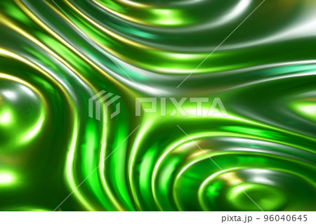 Lime green liquid molten metal abstract wavy background with light reflects 96040645