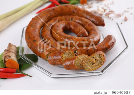 Local Northern Thai food , Northern Thai spicy sausage street food isolated in white background 96040687
