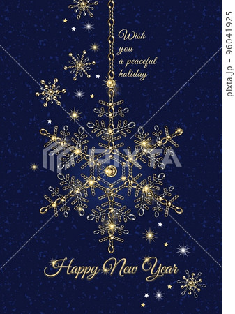 Greeting card design with hanging snowflake, text, stars. Elements are made of golden and silver jewelry chains. Inscription Happy New Year. Shiny sprakle stars on deep blue textured background Greeting card design with hanging snowflake, text, stars. Elements are made of golden and silver jewelry chains. Inscription Happy New Year. Shiny sprakle stars on deep blue textured background 96041925