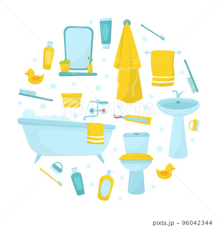 Bathroom furniture and accessories of circular shape. Modern restroom interior backdrop, packaging, banner, poster desgn cartoon vector 96042344