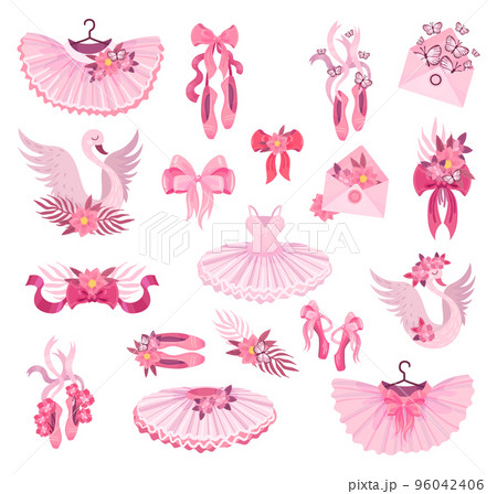Pink Ballet Accessories with Tutu Skirt and Pointe Shoes Big Vector Set Pink Ballet Accessories with Tutu Skirt and Pointe Shoes Big Vector Set 96042406