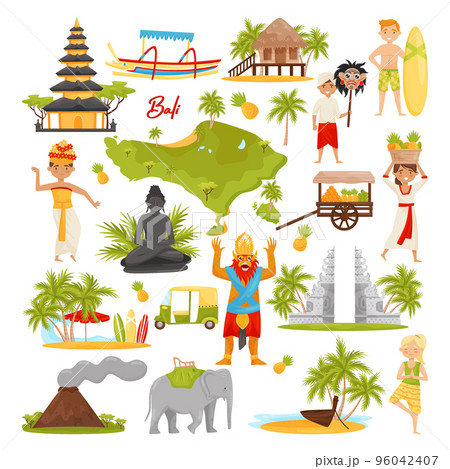 Bali symbols and famous landmarks set. Indonesia attractions cartoon vector Bali symbols and famous landmarks set. Indonesia attractions cartoon vector 96042407