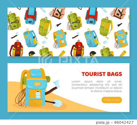 Tourist backpack horizontal web banner set. Bags for traveling special offer, promotional banner, leaflet, backpack seamless pattern cartoon vector 96042427