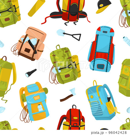 Tourist backpack seamless pattern. Bags for traveling repeating print for backdrop, wallpaper, packaging, textile cartoon vector Tourist backpack seamless pattern. Bags for traveling repeating print for backdrop, wallpaper, packaging, textile cartoon vector 96042428