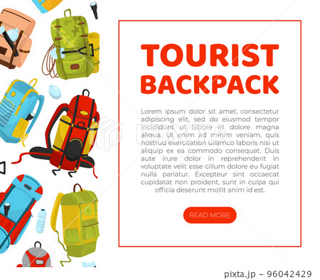 Tourist backpack landing page template. Bags for traveling brochure, promotional banner cartoon vector Tourist backpack landing page template. Bags for traveling brochure, promotional banner cartoon vector 96042429
