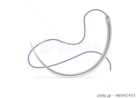 Surgical needle with attached suture material. Cartoon style. Vector illustration isolated on white background. 96042455