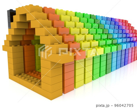 A row of abstract house outlines in different colors of toy bricks A row of abstract house outlines in different colors of toy bricks 96042705