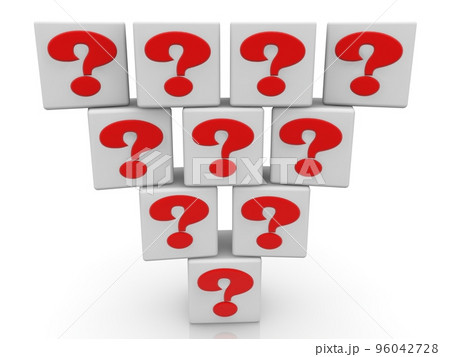 Red question marks on white toy blocks in the form of a two-sided pyramid Red question marks on white toy blocks in the form of a two-sided pyramid 96042728