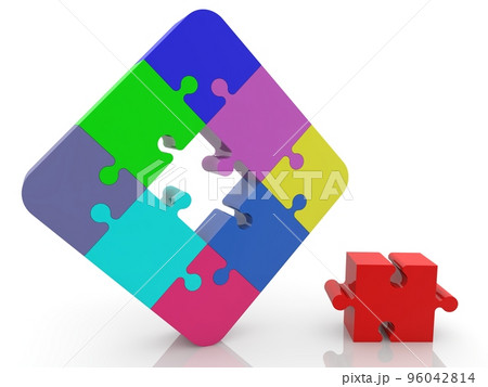 Unfinished colored puzzle with a red puzzle in the foreground 96042814