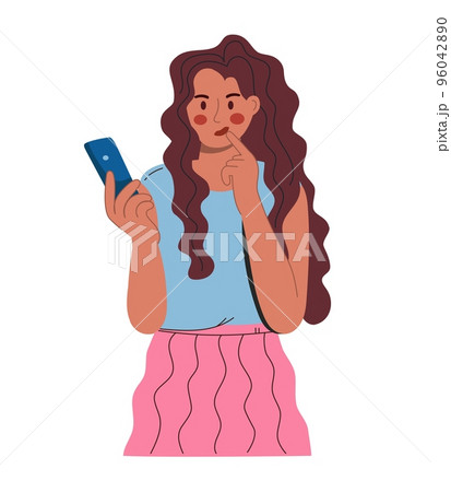 A young beautiful woman looks into a smartphone with a thoughtful face. In a blue blouse and a pink skirt. Vector illustration flat isolated white background 96042890