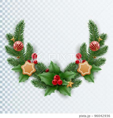 Christmas garland of tree branches, berries, candy canes and christmas balls. Realistic looking Christmas decor iin the shape of a semicircle Christmas garland of tree branches, berries, candy canes and christmas balls. Realistic looking Christmas decor iin the shape of a semicircle 96042936