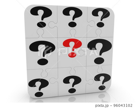 Red question mark between black question marks on white puzzle pieces Red question mark between black question marks on white puzzle pieces 96043102